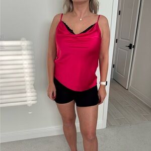 White House Black Market Fuchsia Satin Cami with Black Lace